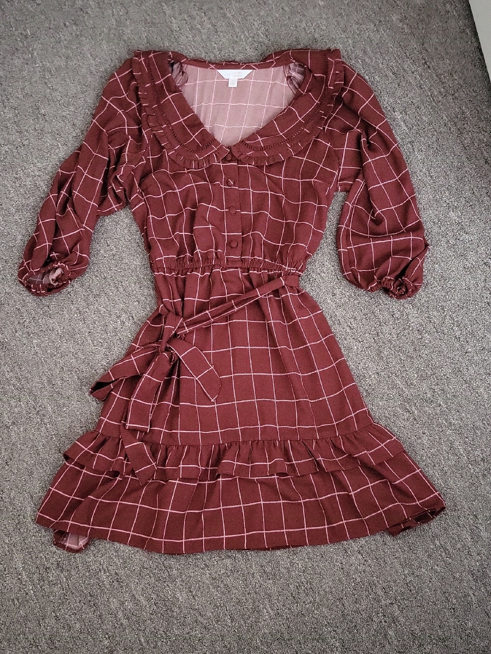LC Lauren Conrad Burgundy Windowpane Ruffle Tie Mini Dress
